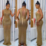 Sexy halter nightclub party dress hot diamond perspective long skirt X5259