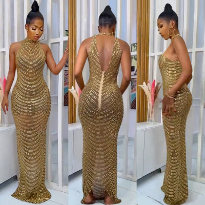 Sexy halter nightclub party dress hot diamond perspective long skirt X5259