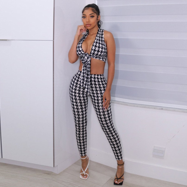 Women's Fall 2021 New Houndstooth Print Slim Fashion Casual Suit S155219