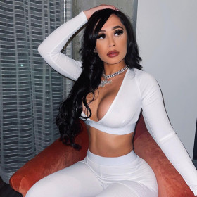 Fashion women's autumn new solid color deep V chest T-shirt high waist slim trousers suit K21ST475