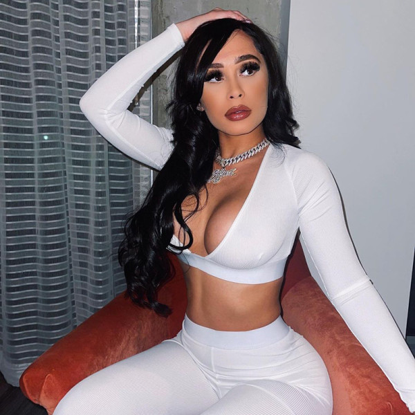 Fashion women's autumn new solid color deep V chest T-shirt high waist slim trousers suit K21ST475