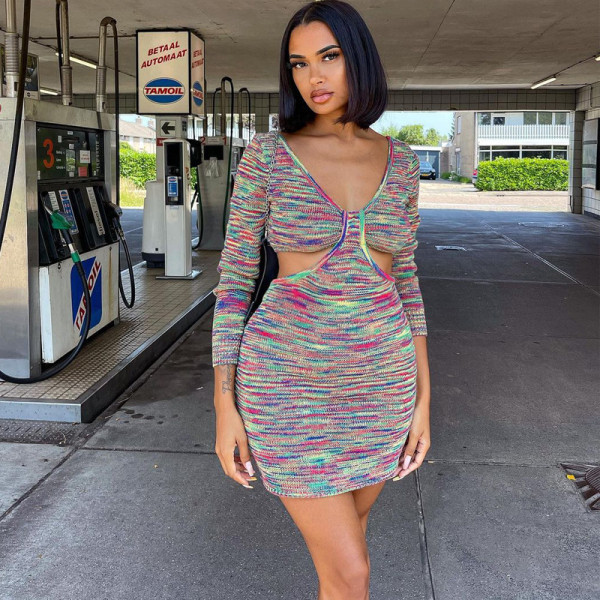 Women's 2021 new autumn and winter new fashion sexy V-neck hollow long-sleeved dress D186084A