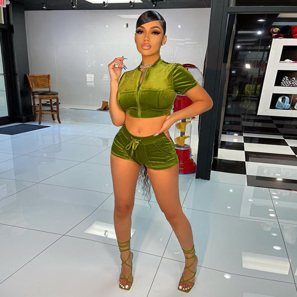 2021 autumn new women's sexy nude navel tight-fitting velvet blouse bag hip shorts casual suit K21S05801