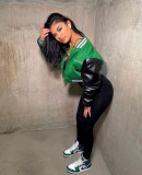 Colorblock printed leather sleeve baseball jacket cropped jacket YJ21091