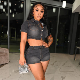 European and American style autumn 2021 new women's fashion single-breasted cardigan tight-fitting denim jacket bag hip shorts suit K21S05887
