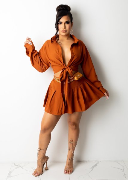 Women's Long Sleeve Lace Up Shirt Pleated Short Skirt Skirt Set 4 colors SJ3324