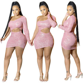 Women's Sexy Hot Rhinestone Open Waist Unilateral Long Sleeve Party Dress S390201