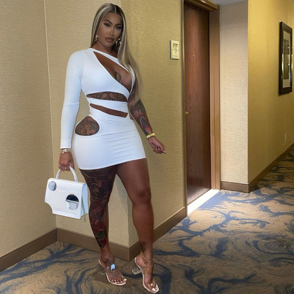 2021 autumn new nightclub solid color personality single-sleeve oblique shoulder slim sexy hip dress K21D04757