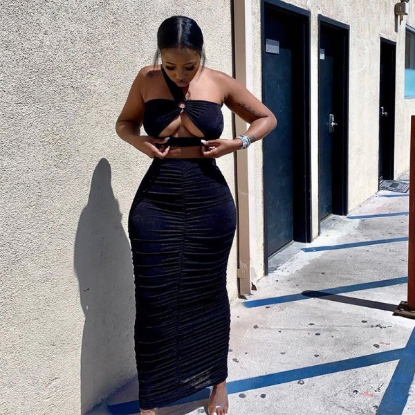 Summer new fashion women's sexy one-shoulder wrap chest slim suit long skirt K21S02144