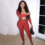 Fashion women's autumn new solid color deep V chest T-shirt high waist slim trousers suit K21ST475