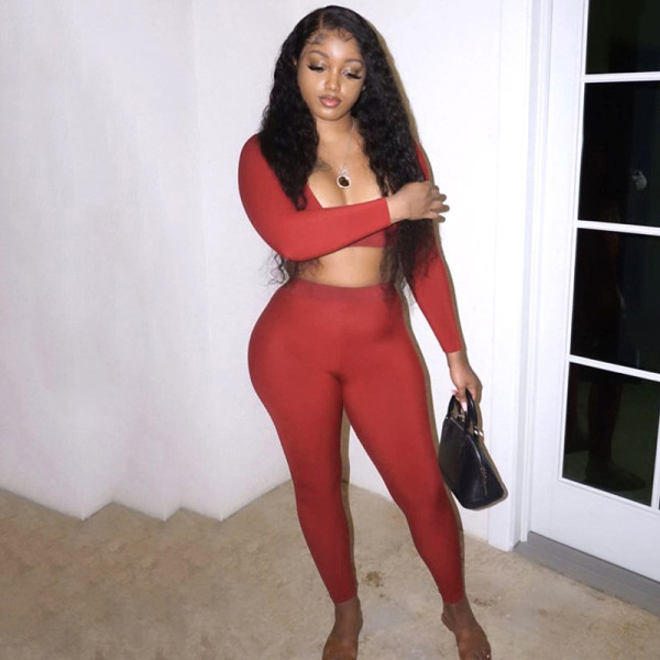 Fashion women's autumn new solid color deep V chest T-shirt high waist slim trousers suit K21ST475