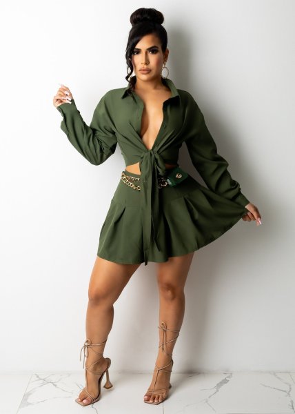 Women's Long Sleeve Lace Up Shirt Pleated Short Skirt Skirt Set 4 colors SJ3324