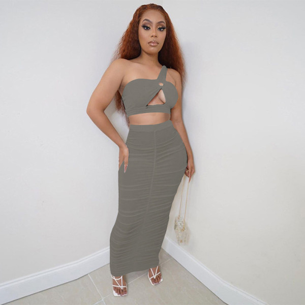 Summer new fashion women's sexy one-shoulder wrap chest slim suit long skirt K21S02144