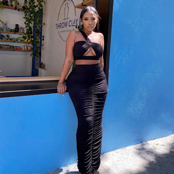Summer new fashion women's sexy one-shoulder wrap chest slim suit long skirt K21S02144