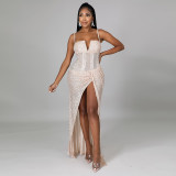 Sexy fashion sequin sling V-shaped irregular high slit dress long skirt CY9197