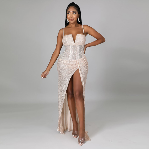 Sexy fashion sequin sling V-shaped irregular high slit dress long skirt CY9197