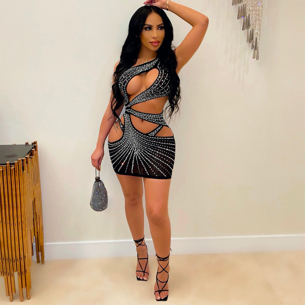 Fashion new sexy nightclub style hot drill exposed umbilical A-line package hip hollow dress CY9228