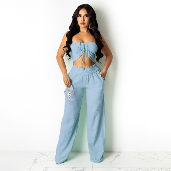 Summer solid color tube top adjustable ice silk wrinkle leisure suit HN033