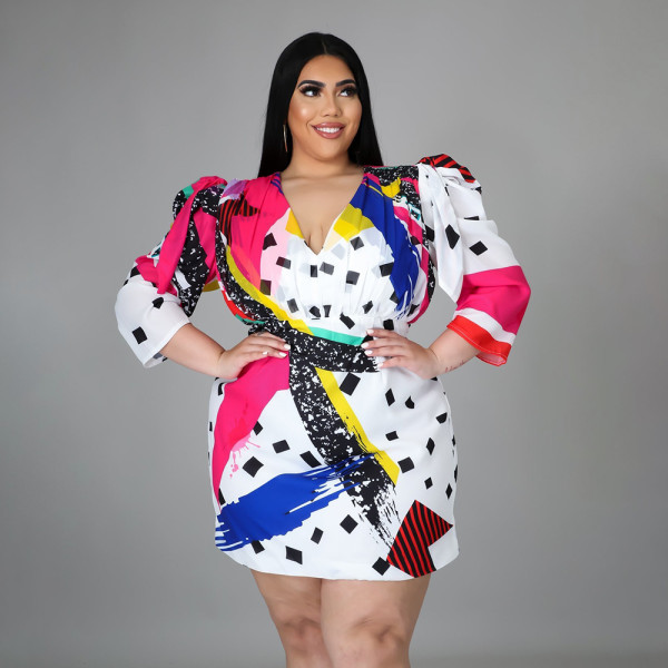 V-neck long-sleeved color characteristic printed ladies dress DHN003