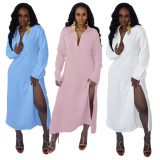Women's hot style loose casual solid color long split ladies dress HN052