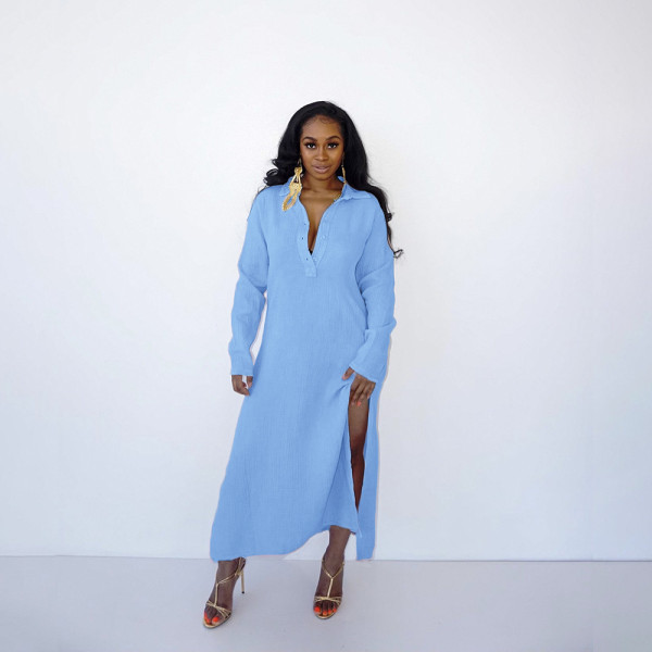 Women's hot style loose casual solid color long split ladies dress HN052