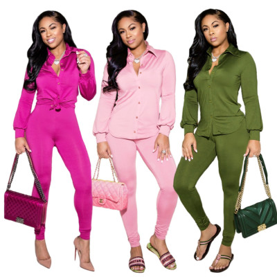 Women's high elastic bright solid color casual shirt button temperament commuter two-piece women's clothing HN051