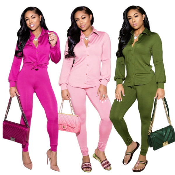Women's high elastic bright solid color casual shirt button temperament commuter two-piece women's clothing HN051