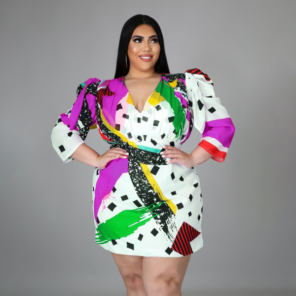 V-neck long-sleeved color characteristic printed ladies dress DHN003