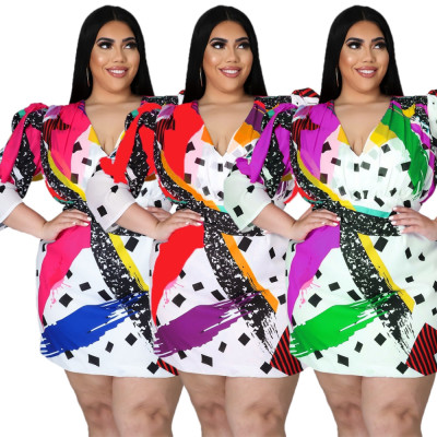 V-neck long-sleeved color characteristic printed ladies dress DHN003