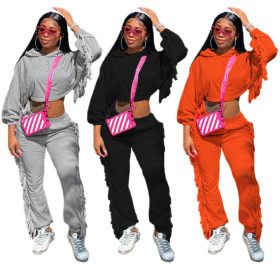 Autumn and winter solid color women's hooded casual sports thick tassel suit HN057