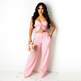 Summer solid color tube top adjustable ice silk wrinkle leisure suit HN033