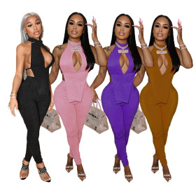 Pure color reflective naked back sexy two-piece suit HN015