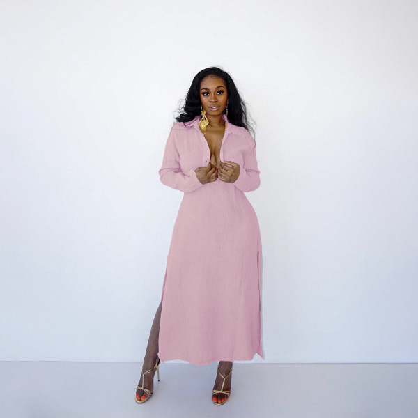 Women's hot style loose casual solid color long split ladies dress HN052