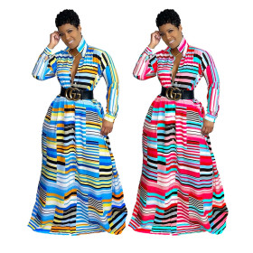 Irregular Print Lapel Long Sleeve Autumn Ladies Long Dress MM2128