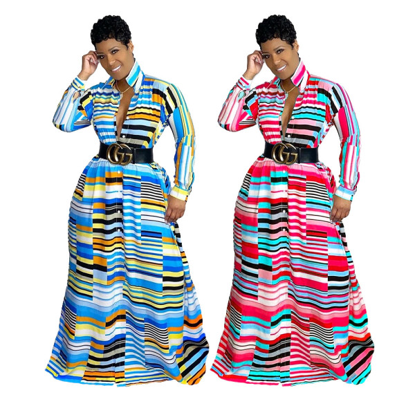 Irregular Print Lapel Long Sleeve Autumn Ladies Long Dress MM2128