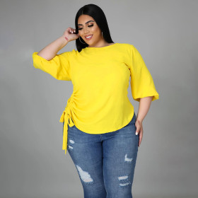 Solid color round neck lady fat lady large size irregular long-sleeved blouse MM2115