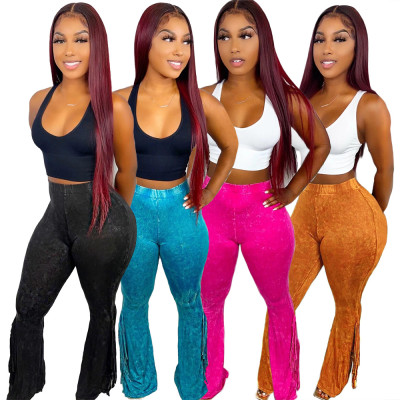 Slim-fit plush print ladies fringed casual pants flared pants MM2132