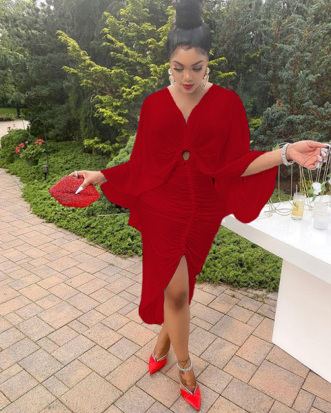Pearl button zipper pleated flying sleeve dress JC7067