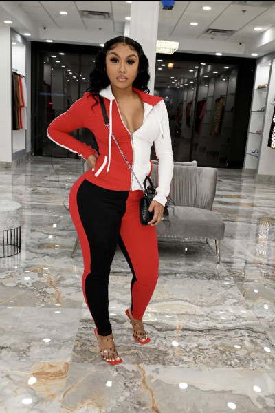 Fashion contrast stitching hooded casual two-piece suit MH82080