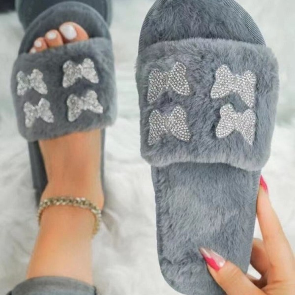 2021 summer new style large size foreign trade low-heeled flat-bottomed plush butterfly breathable casual Korean spot slippers women HWJ722