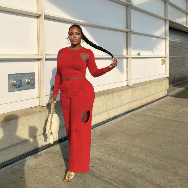 Sexy hollow shoulder loose wide-leg pants solid color suit 2021 autumn and winter new L21721