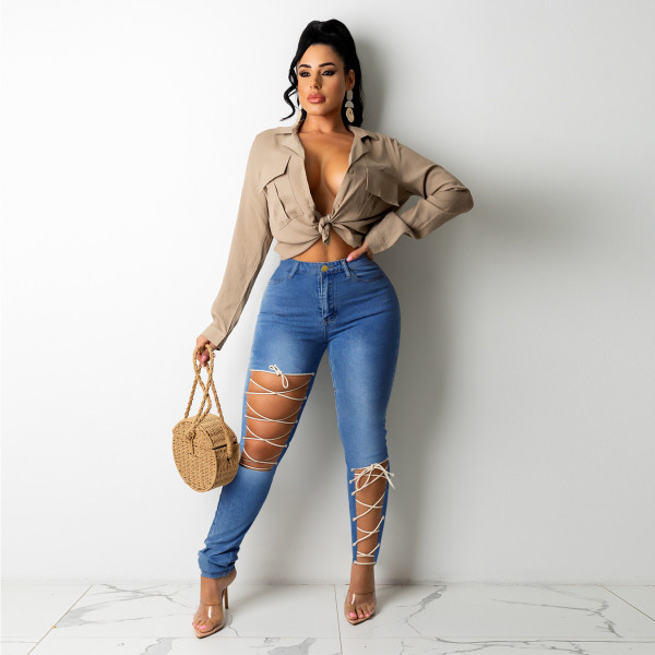 New style plus size women's fashion trendy personality strappy jeans PD9507