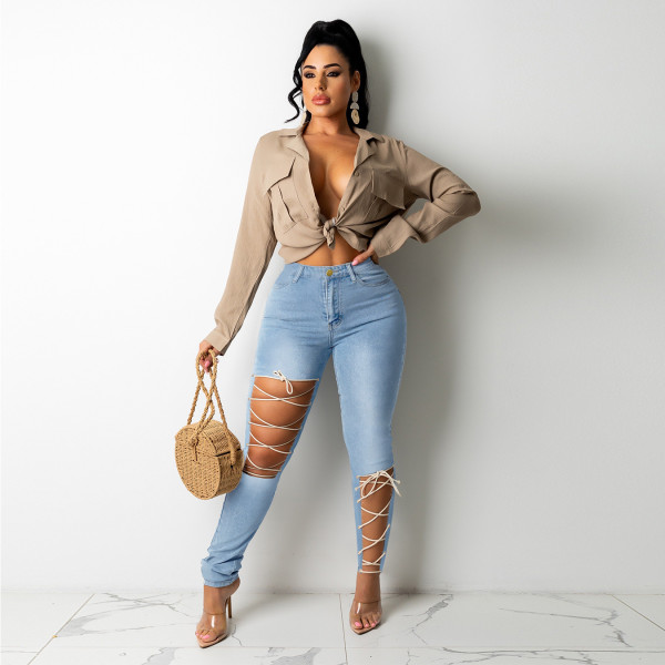 New style plus size women's fashion trendy personality strappy jeans PD9507