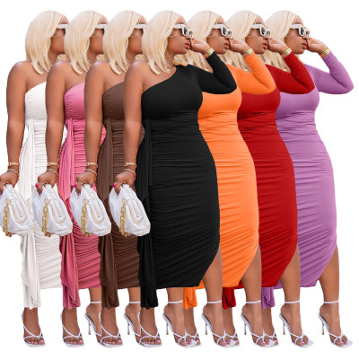 One-shoulder ruffled slit gown sexy dress CH8227