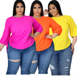 Solid color round neck lady fat lady large size irregular long-sleeved blouse MM2115