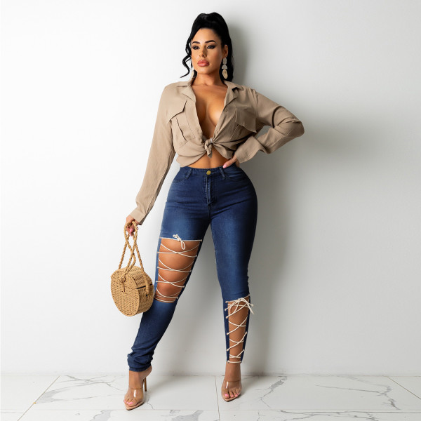 New style plus size women's fashion trendy personality strappy jeans PD9507