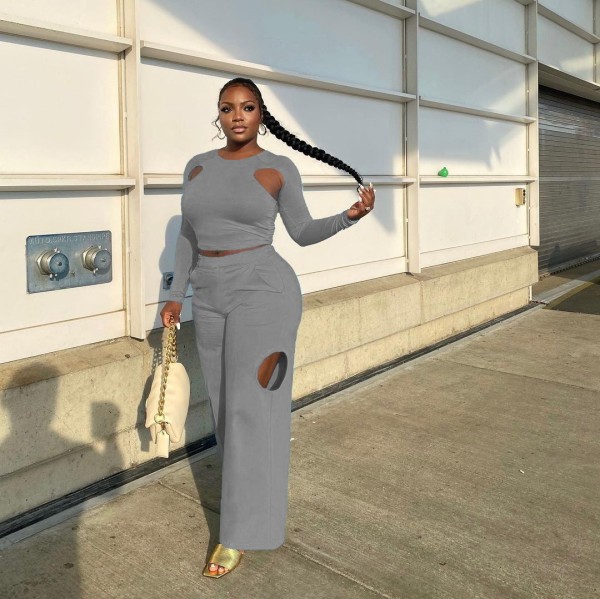 Sexy hollow shoulder loose wide-leg pants solid color suit 2021 autumn and winter new L21721