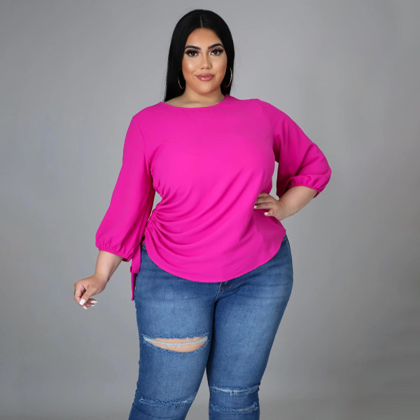 Solid color round neck lady fat lady large size irregular long-sleeved blouse MM2115