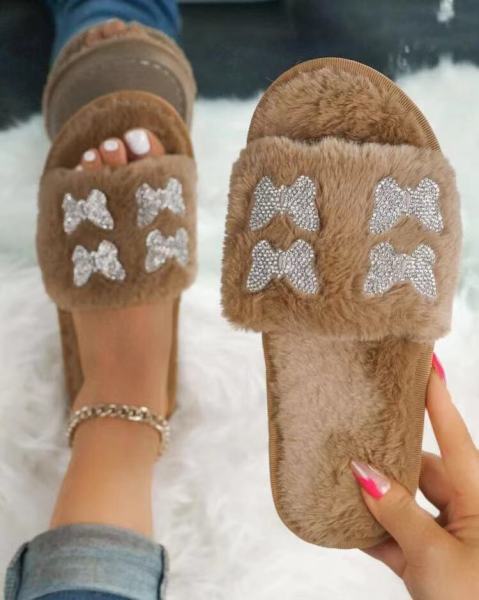 2021 summer new style large size foreign trade low-heeled flat-bottomed plush butterfly breathable casual Korean spot slippers women HWJ722