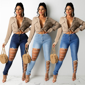 New style plus size women's fashion trendy personality strappy jeans PD9507